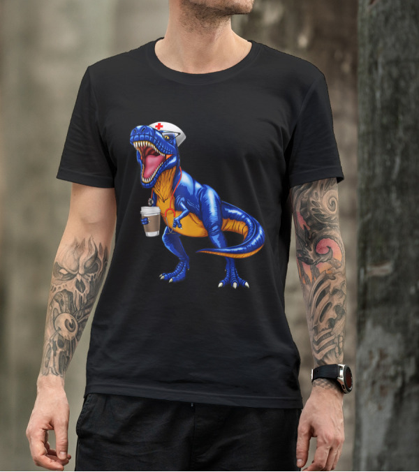 Nursesaurus Rex Nurse Dinosaur With Coffee Cup And Nurse Hat T-Shirt