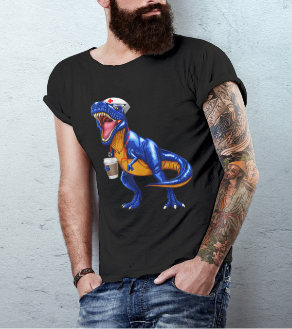 Nursesaurus Rex Nurse Dinosaur With Coffee Cup And Nurse Hat T-Shirt