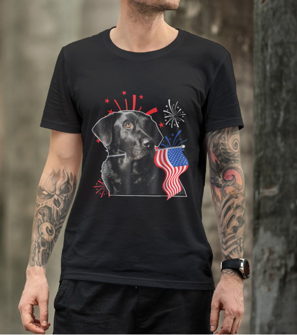 Labrador Lover July 4th Black Lab Fireworks American Flag T-Shirt