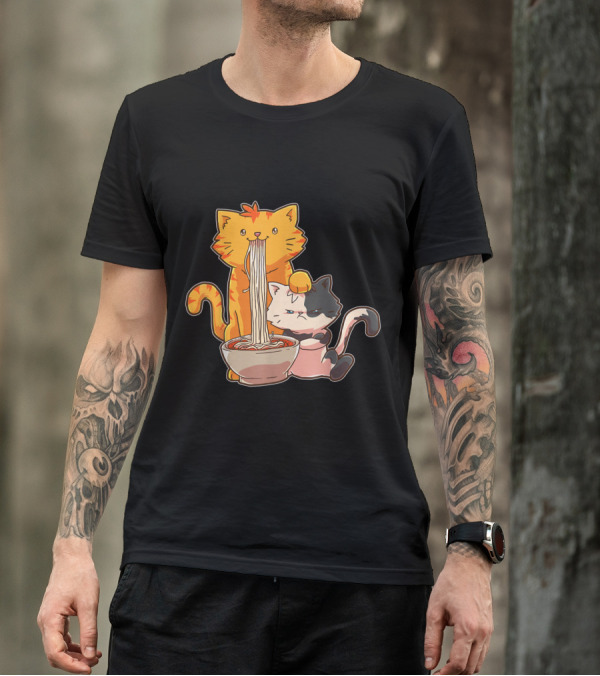 Kawaii Anime Cats Enjoying Ramen Noodles Together T-Shirt