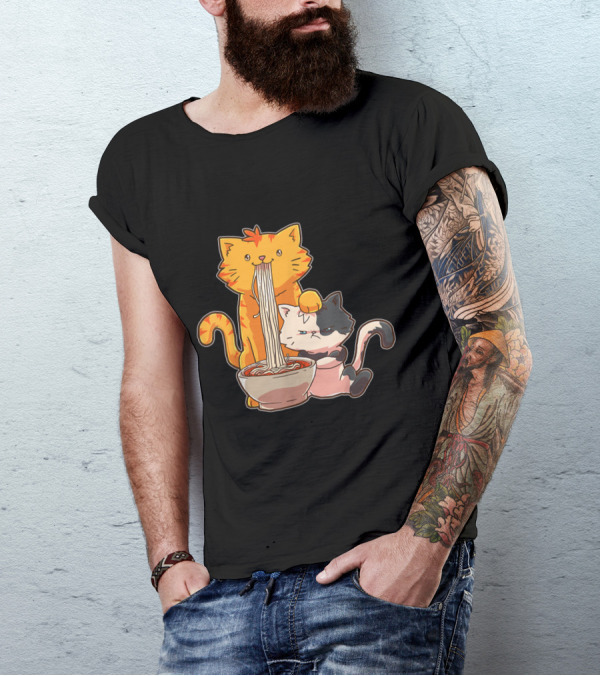 Kawaii Anime Cats Enjoying Ramen Noodles Together T-Shirt