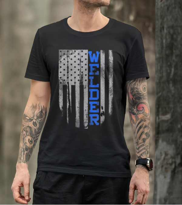 Welder Blue Vertical Text Grunge American Flag T-Shirt