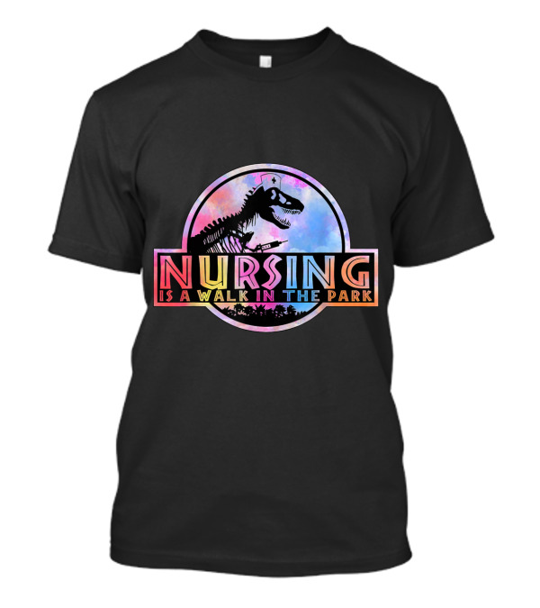 Nursing Is A Walk In The Park Dinosaur Skeleton Rainbow T-Shirt