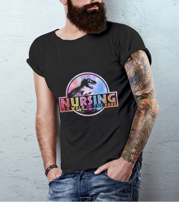 Nursing Is A Walk In The Park Dinosaur Skeleton Rainbow T-Shirt