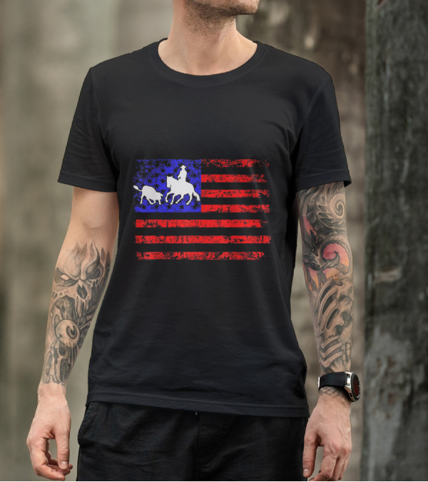 USA Flag Ranch Sorting Horses Lovers Patriotic Equestrian American T-Shirt