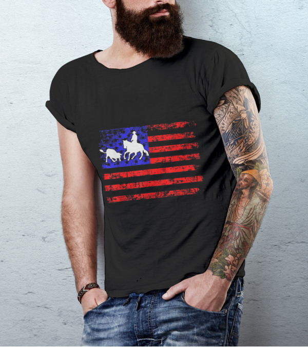 USA Flag Ranch Sorting Horses Lovers Patriotic Equestrian American T-Shirt