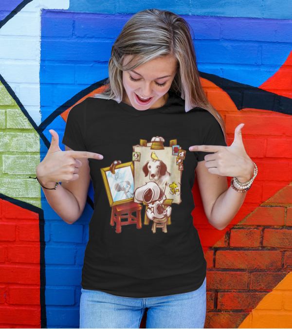 Triple Beagle Artist Scene With Mirror, Picture Frame, And Woodstock T-Shirt