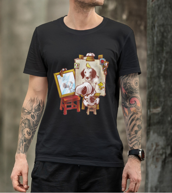 Triple Beagle Artist Scene With Mirror, Picture Frame, And Woodstock T-Shirt