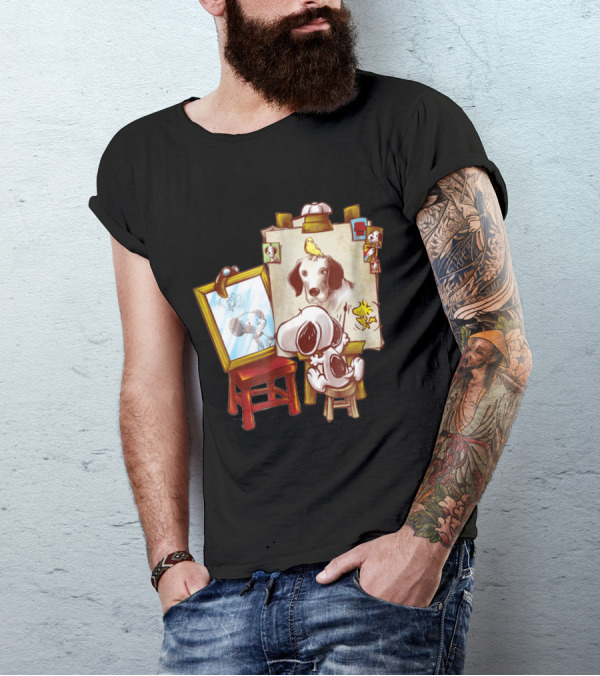 Triple Beagle Artist Scene With Mirror, Picture Frame, And Woodstock T-Shirt