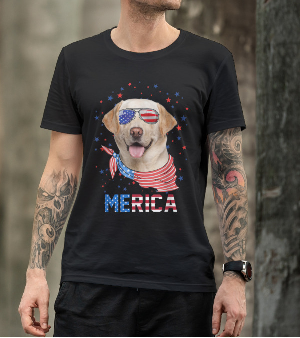 Patriotic Labrador With American Flag Sunglasses And Scarf Merica Stars T-Shirt