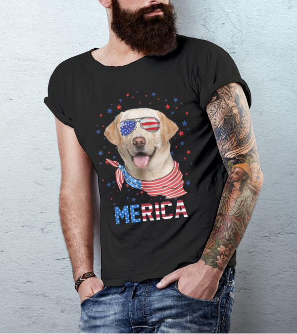 Patriotic Labrador With American Flag Sunglasses And Scarf Merica Stars T-Shirt