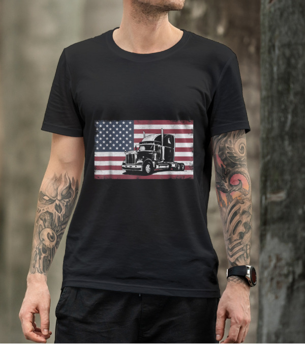 American Flag Semi Truck Patriotic T-Shirt