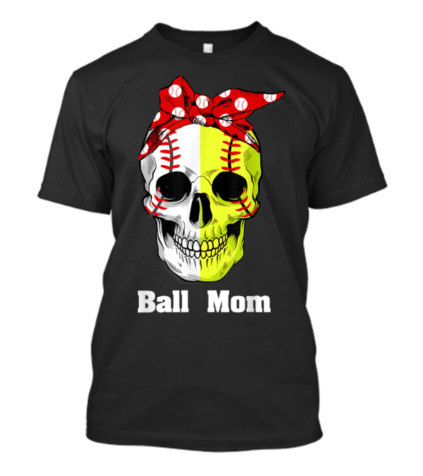 Ball Mom Skull With Baseball Softball Stitching Bandana T-Shirt