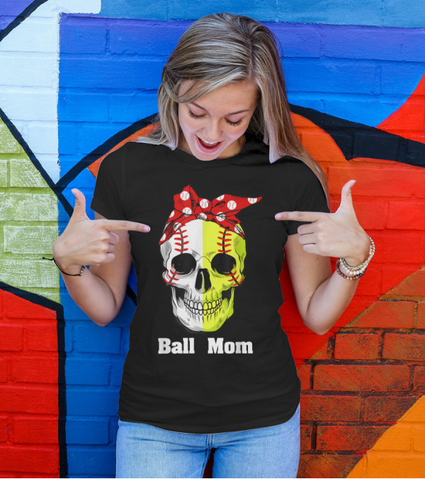 Ball Mom Skull With Baseball Softball Stitching Bandana T-Shirt