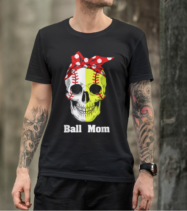Ball Mom Skull With Baseball Softball Stitching Bandana T-Shirt