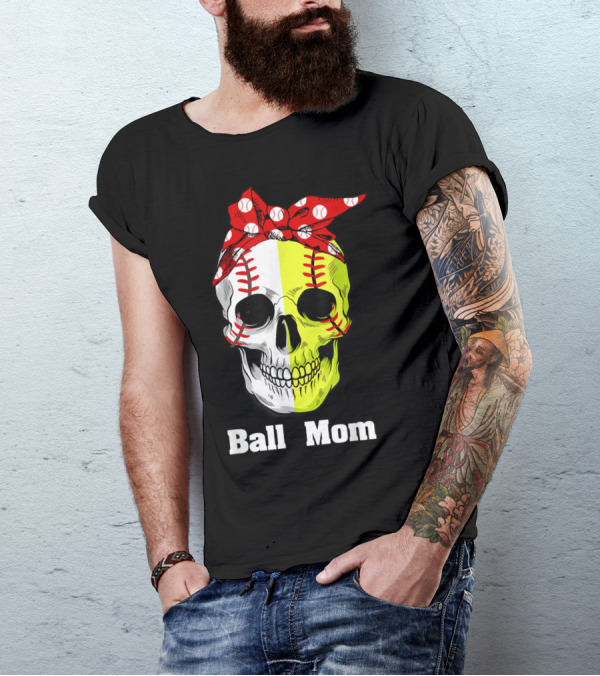 Ball Mom Skull With Baseball Softball Stitching Bandana T-Shirt