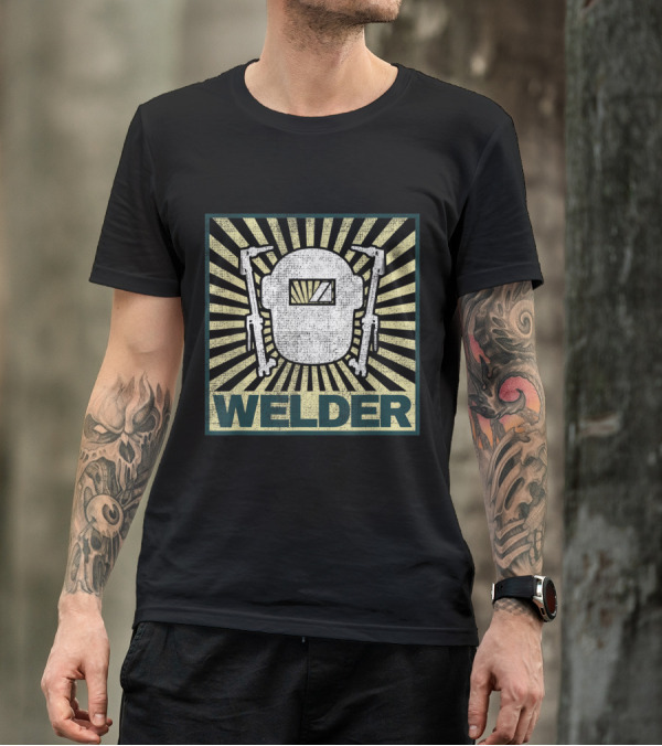 Welder Helmet With Welding Torches And Sunburst Design Textured T-Shirt