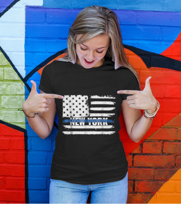 New York State Police Thin Blue Line American Flag T-Shirt