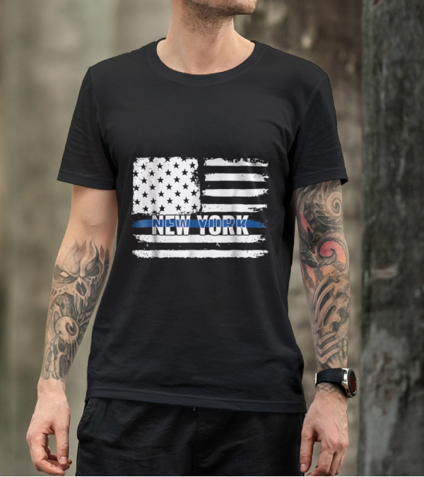 New York State Police Thin Blue Line American Flag T-Shirt