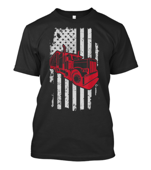 Vintage American Flag With Red Truck Graphic Icon For Truck Drivers T-Shirt