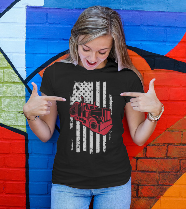 Vintage American Flag With Red Truck Graphic Icon For Truck Drivers T-Shirt