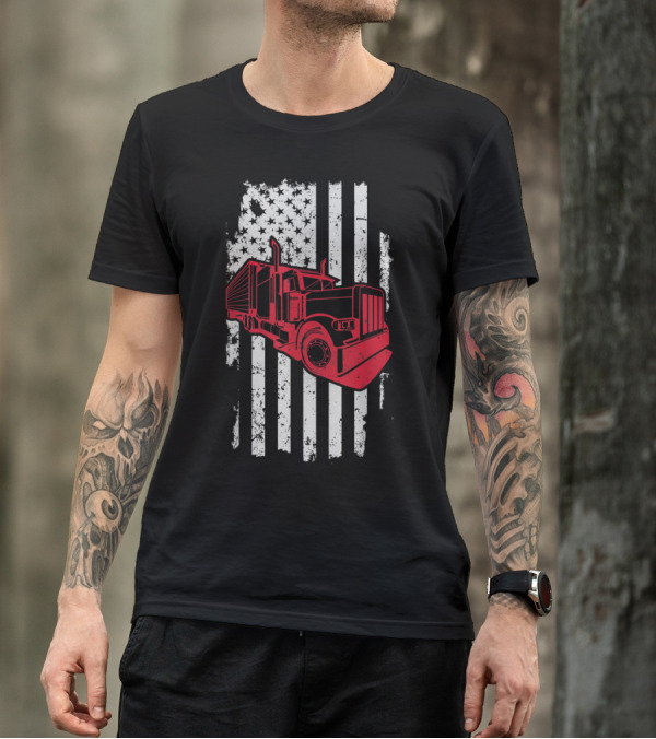 Vintage American Flag With Red Truck Graphic Icon For Truck Drivers T-Shirt