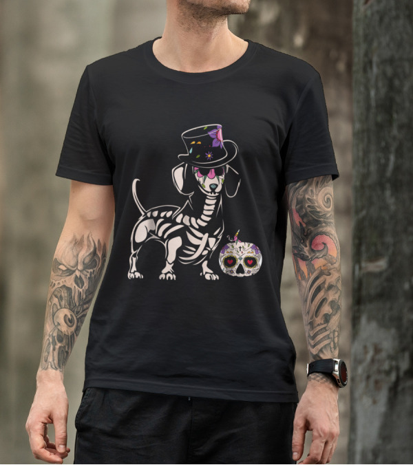 Day Of The Dead Dachshund Skull Art With Top Hat And Sugar Skull Balloon T-Shirt