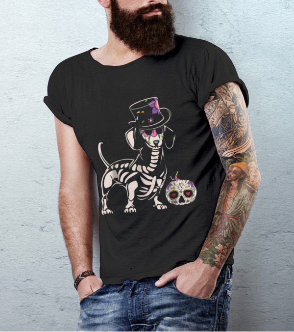 Day Of The Dead Dachshund Skull Art With Top Hat And Sugar Skull Balloon T-Shirt