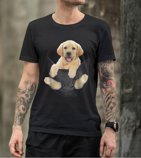 Labrador Puppy Adorable Face Front Paws Out Black Pocket T-Shirt