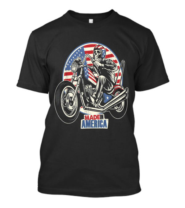 Made In America Skull Dirt Bike With American Flag Background T-Shirt