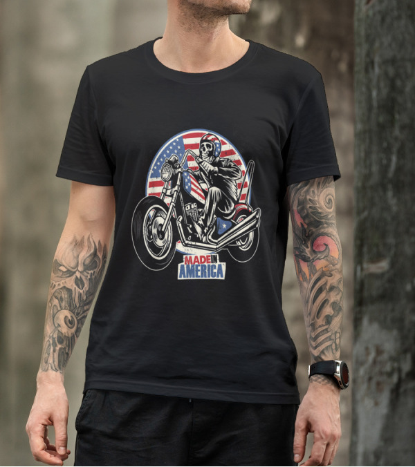 Made In America Skull Dirt Bike With American Flag Background T-Shirt