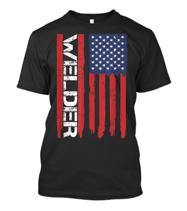 Welder American Flag Vertical Text And Stars Stripes T-Shirt