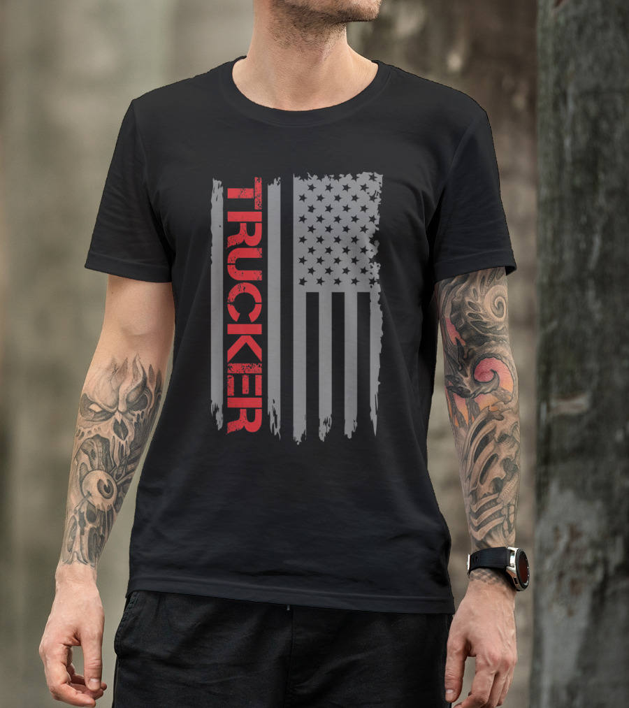 Trucker Vertical Red Text With Distressed American Flag T-Shirt