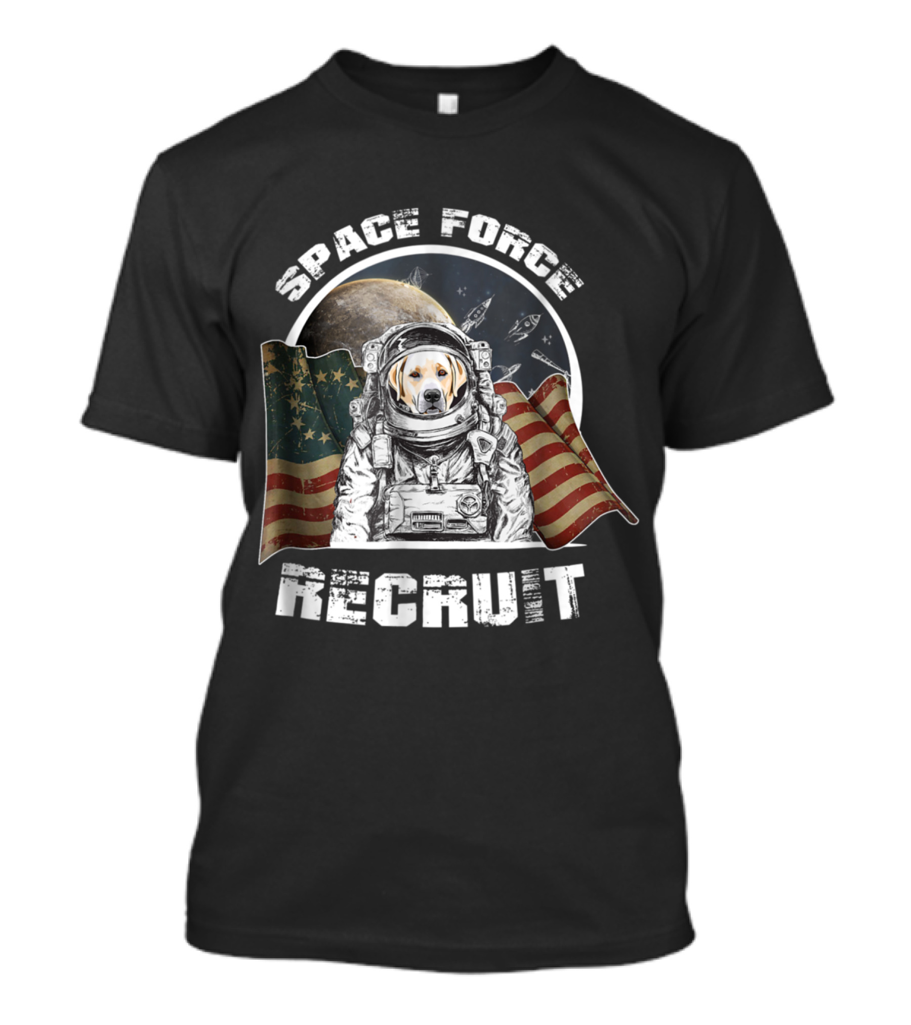 Space Force Recruit Labrador Retriever Astronaut With American Flag And Alien Space T-Shirt