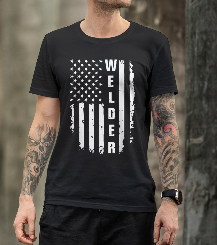 Vintage American Flag Vertical Welder Text Patriotic T-Shirt