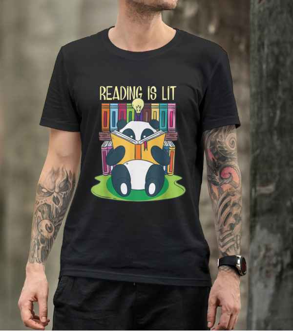 Panda Bear Reading Books With Light Bulb Idea - Reading Is Lit Funny And Cute T-Shirt