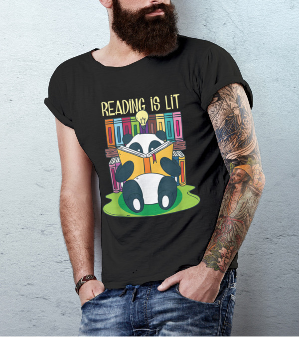 Panda Bear Reading Books With Light Bulb Idea - Reading Is Lit Funny And Cute T-Shirt