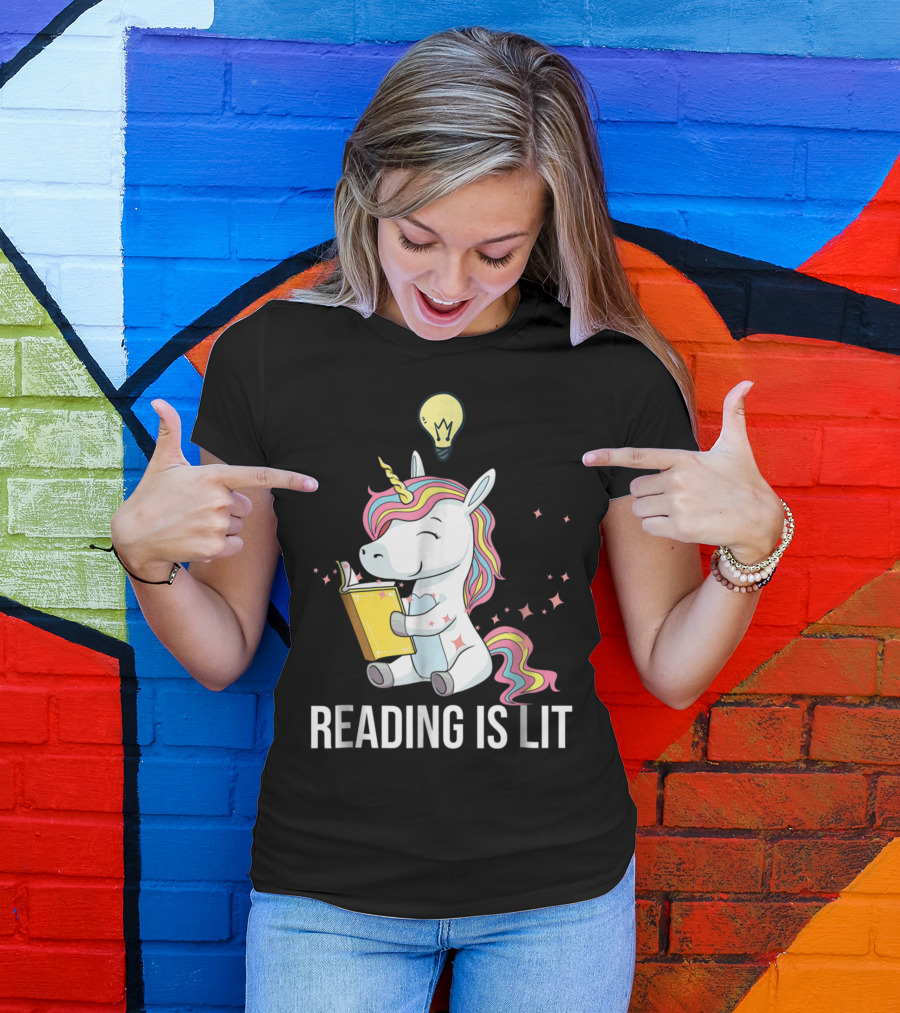 Whimsical Unicorn Enthusiastically Enjoys Reading Under Creative Light Bulb Inspiration T-Shirt
