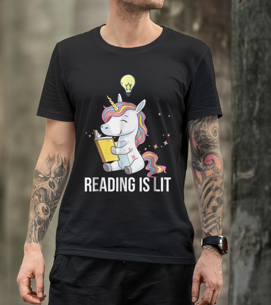 Whimsical Unicorn Enthusiastically Enjoys Reading Under Creative Light Bulb Inspiration T-Shirt