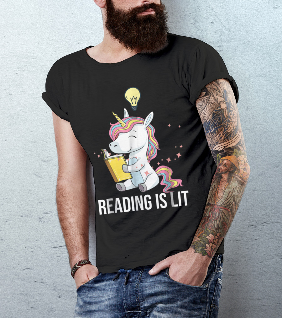 Whimsical Unicorn Enthusiastically Enjoys Reading Under Creative Light Bulb Inspiration T-Shirt