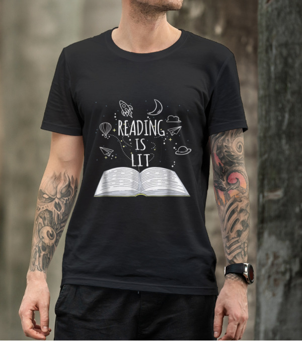 Open Book With Rocket And Moon Illustrations In Reading Is Lit Literacy ELA T-Shirt