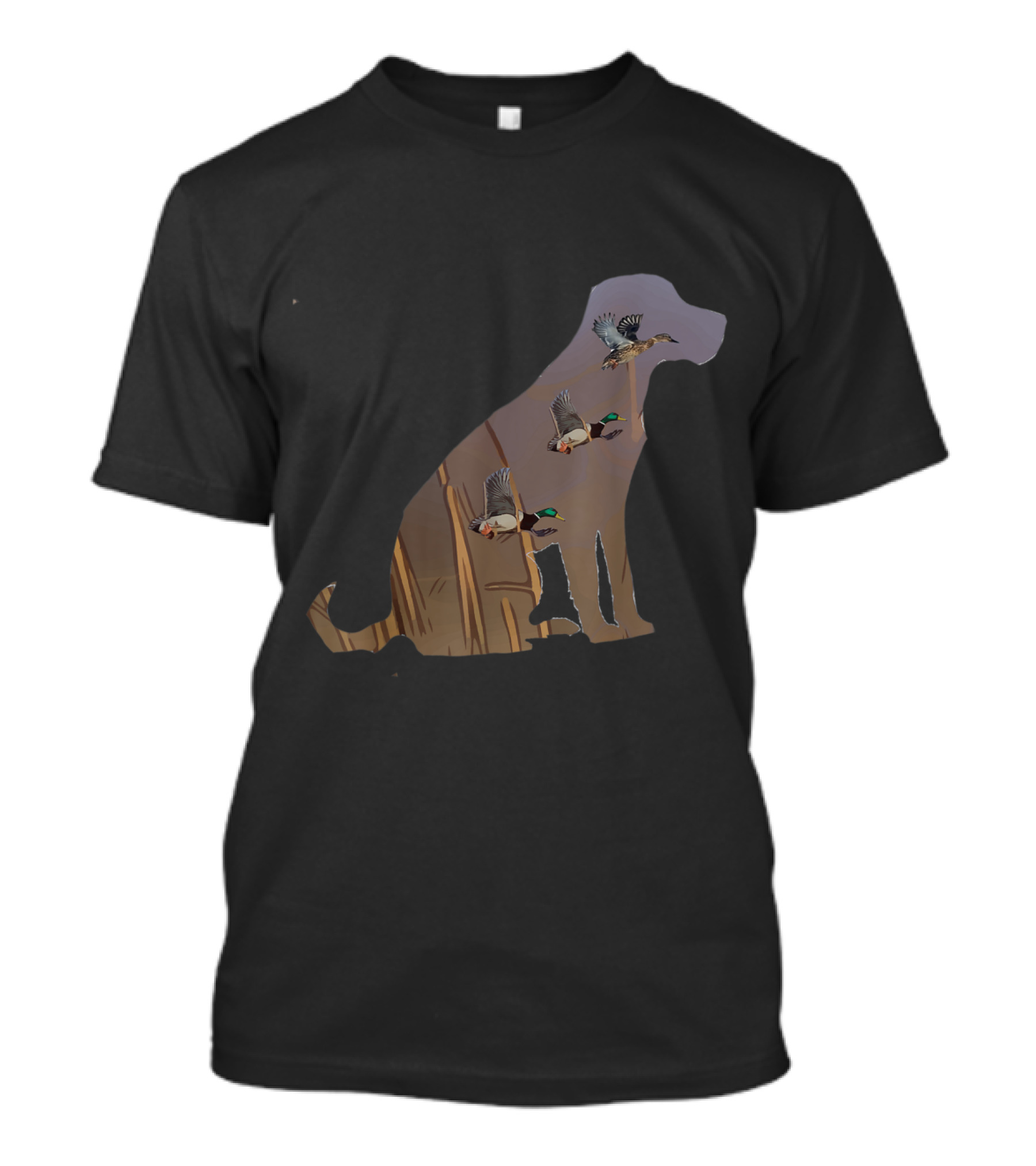 Labrador Retriever Silhouette With Flying Ducks And Reeds T-Shirt