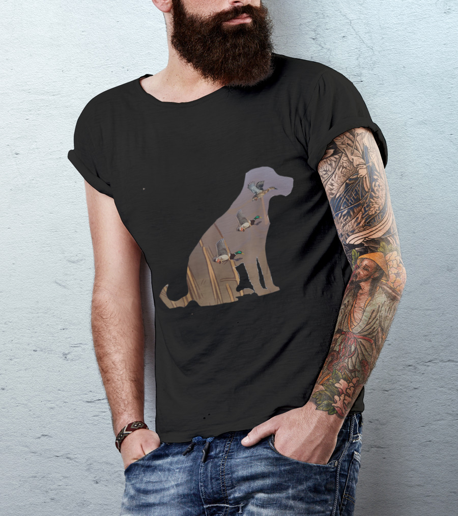 Labrador Retriever Silhouette With Flying Ducks And Reeds T-Shirt