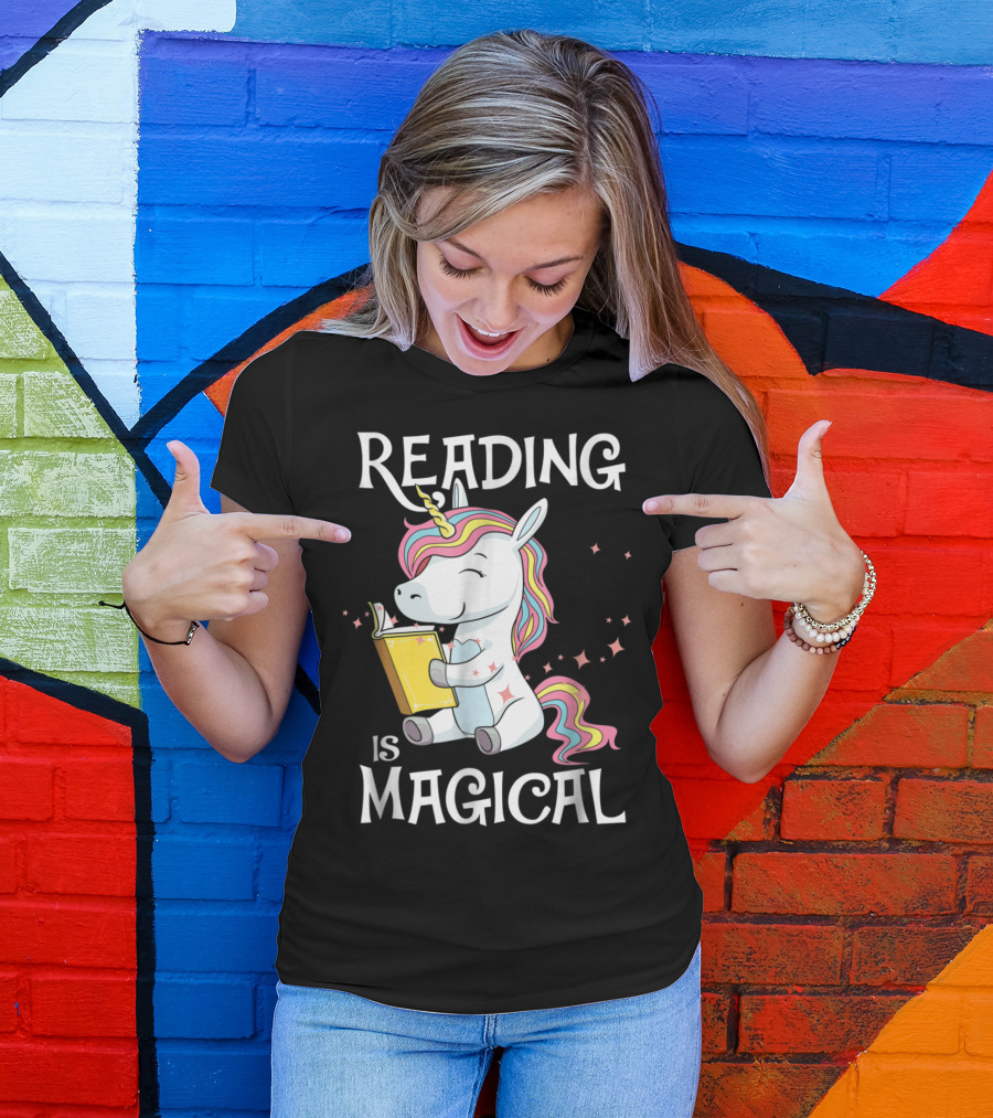 Reading Is Magical Unicorn With Book And Rainbow Mane T-Shirt