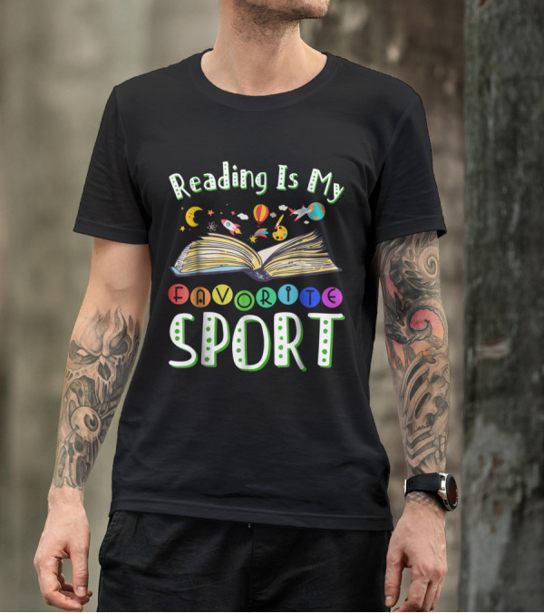 Reading Is My Favorite Sport Colorful Open Book With Outer Space Elements T-Shirt