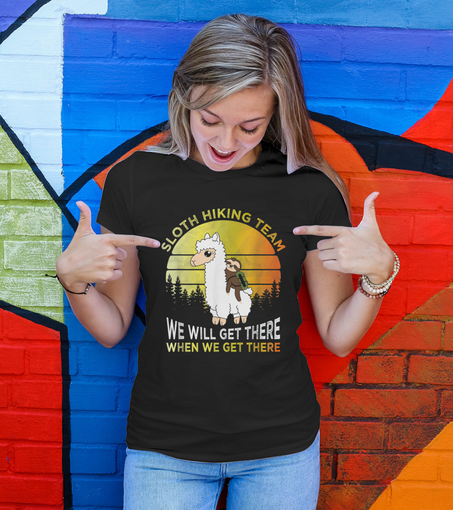 Sloth Hiking Team We Will Get There When We Get There Funny Sloth Llama Retro Sunset Forest T-Shirt