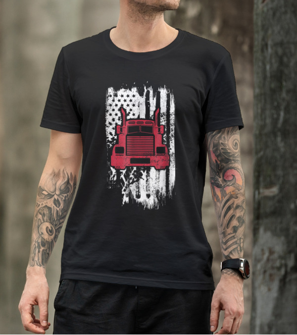 Trucker Flag Patriotic Truck Driver Asphalt Cowboy American Semi-Icon T-Shirt