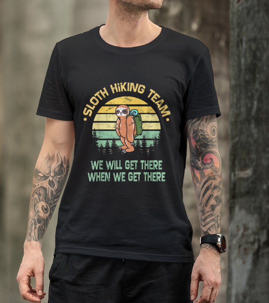 Sloth Hiking Team We Will Get There When We Get There Vintage Sunset Hiker Camper T-Shirt