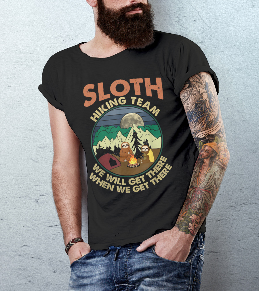 Sloth Hiking Team We Will Get There When We Get There Camping Lovers Moonlight Campfire Scene T-Shirt