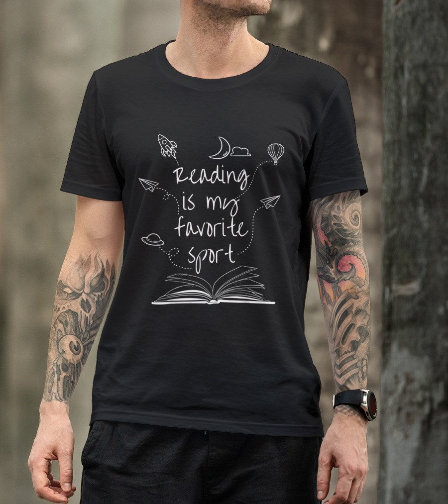 Reading Is My Favorite Sport Open Book With Rocket Moon And Paper Airplanes T-Shirt